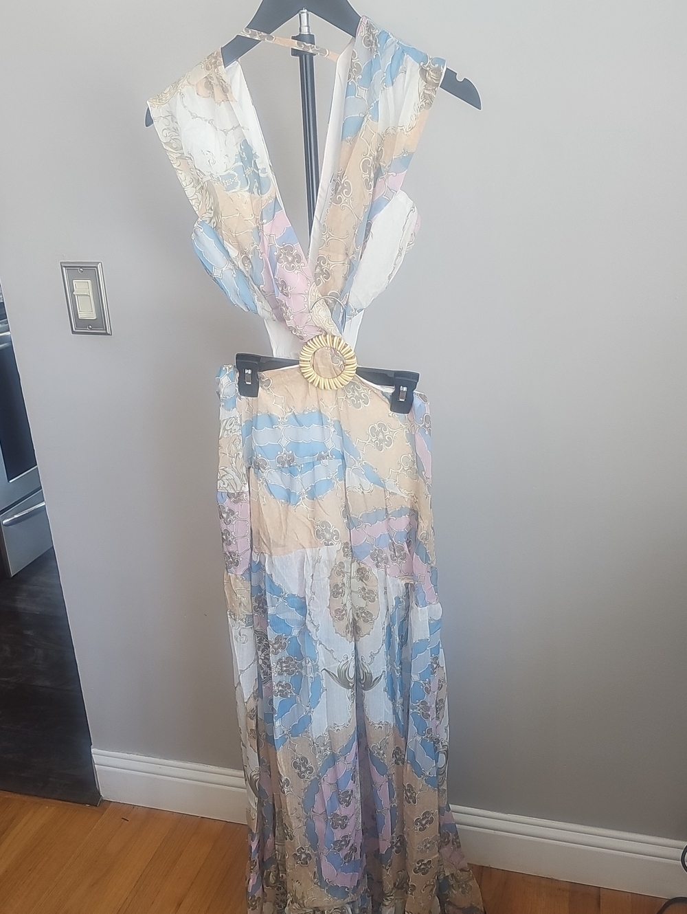 Floral Pastel Maxi Dress with Gold Buckle